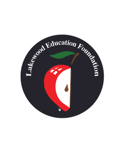 Black circle with half apple graphic and words Lakewood Education Foundation